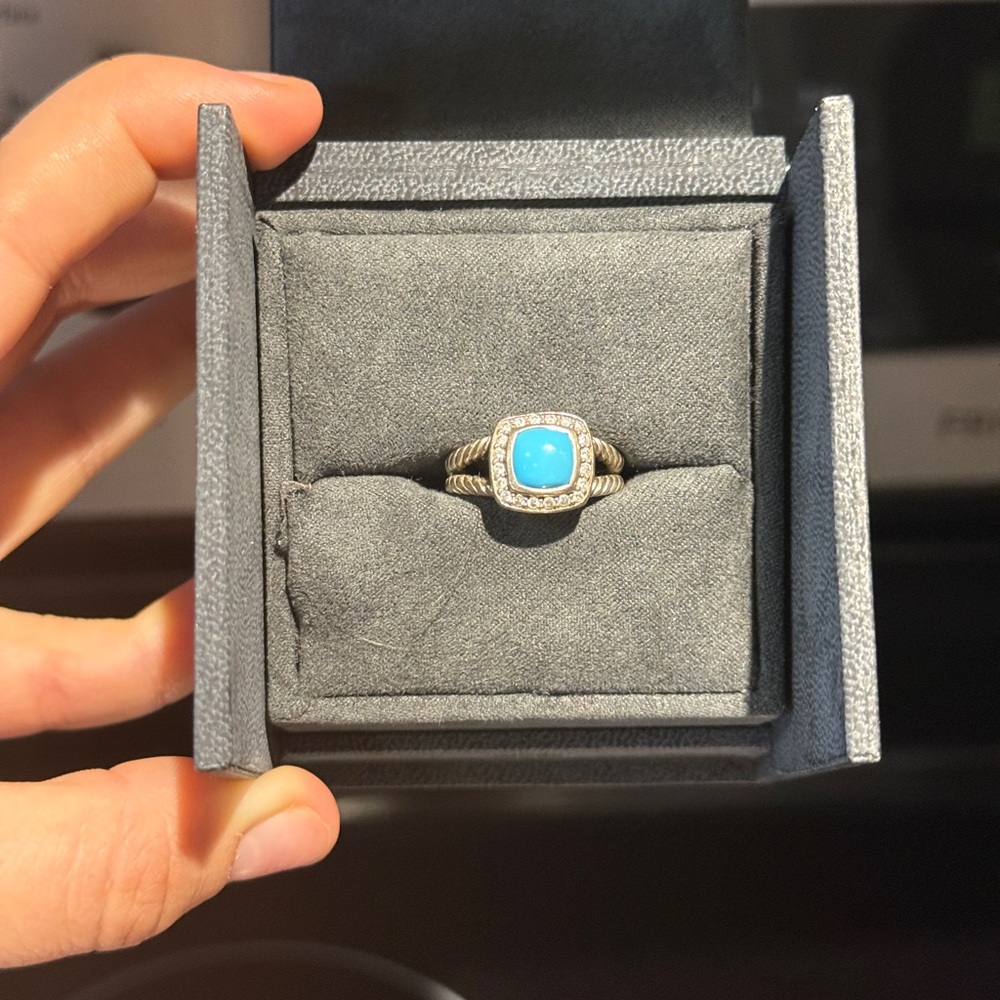 David Yurman Blue Turquoise Cable Ring with Diamond Halo - Picture 2 of 4